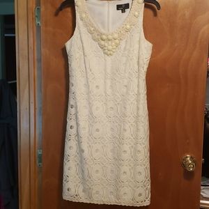 NWOT Crochet tan dress with neckline embellishments